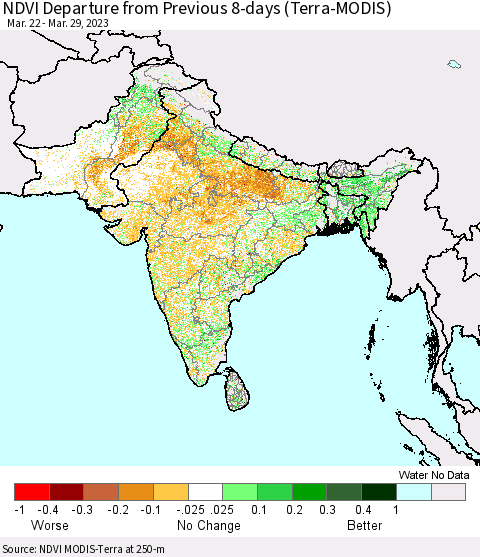 Southern Asia NDVI Departure from Previous 8-days (Terra-MODIS) Thematic Map For 3/22/2023 - 3/29/2023