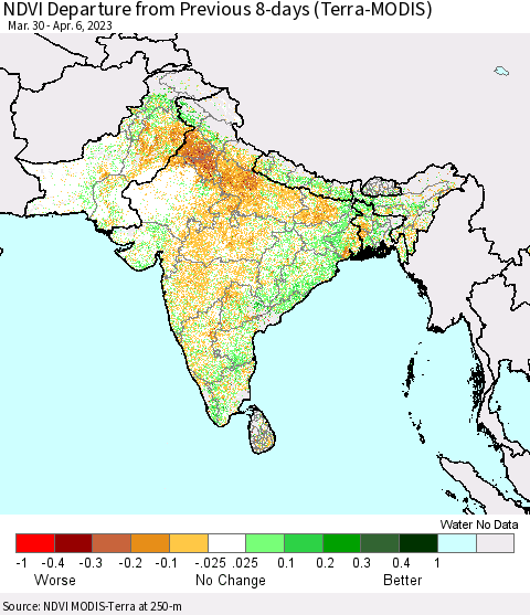 Southern Asia NDVI Departure from Previous 8-days (Terra-MODIS) Thematic Map For 3/30/2023 - 4/6/2023