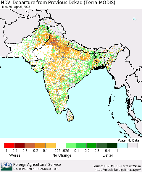 Southern Asia NDVI Departure from Previous Dekad (Terra-MODIS) Thematic Map For 4/1/2023 - 4/10/2023
