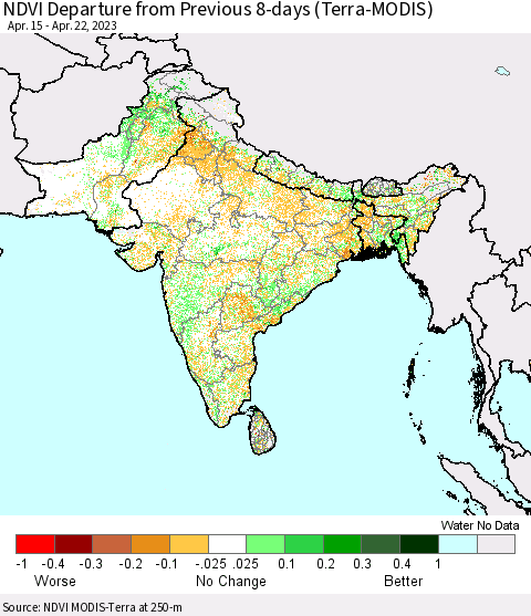 Southern Asia NDVI Departure from Previous 8-days (Terra-MODIS) Thematic Map For 4/15/2023 - 4/22/2023