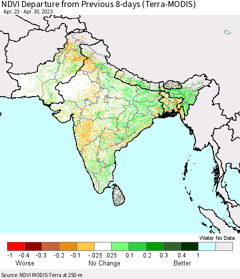 Southern Asia NDVI Departure from Previous 8-days (Terra-MODIS) Thematic Map For 4/23/2023 - 4/30/2023