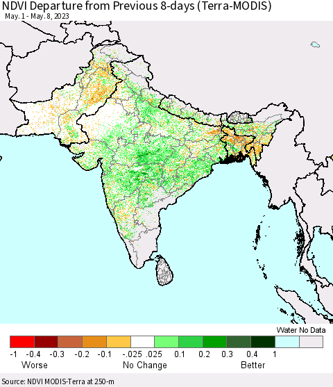 Southern Asia NDVI Departure from Previous 8-days (Terra-MODIS) Thematic Map For 5/1/2023 - 5/8/2023
