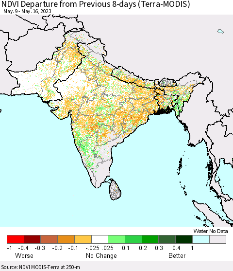 Southern Asia NDVI Departure from Previous 8-days (Terra-MODIS) Thematic Map For 5/9/2023 - 5/16/2023