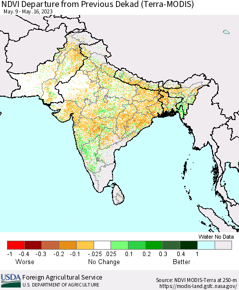 Southern Asia NDVI Departure from Previous Dekad (Terra-MODIS) Thematic Map For 5/11/2023 - 5/20/2023