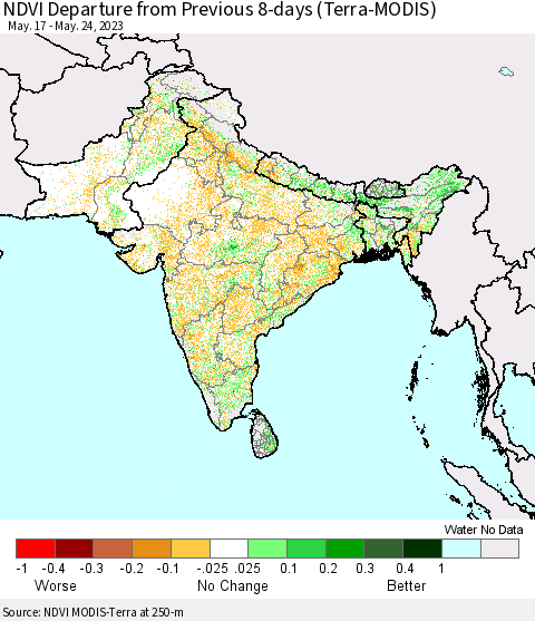 Southern Asia NDVI Departure from Previous 8-days (Terra-MODIS) Thematic Map For 5/17/2023 - 5/24/2023