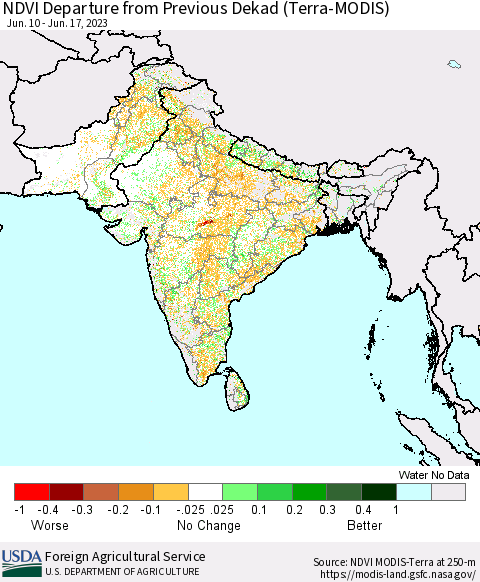 Southern Asia NDVI Departure from Previous Dekad (Terra-MODIS) Thematic Map For 6/11/2023 - 6/20/2023