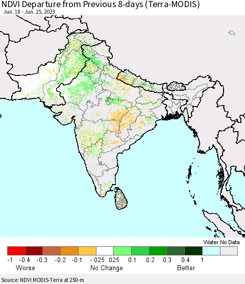 Southern Asia NDVI Departure from Previous 8-days (Terra-MODIS) Thematic Map For 6/18/2023 - 6/25/2023