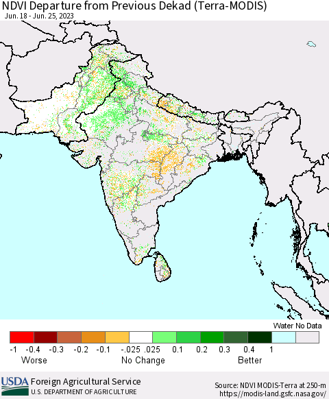 Southern Asia NDVI Departure from Previous Dekad (Terra-MODIS) Thematic Map For 6/21/2023 - 6/30/2023