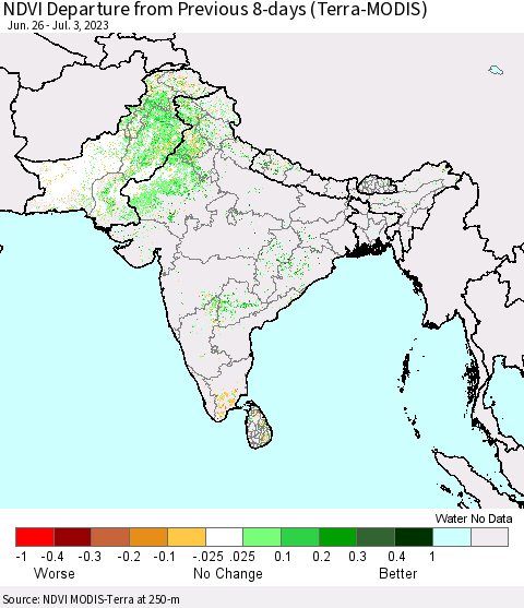Southern Asia NDVI Departure from Previous 8-days (Terra-MODIS) Thematic Map For 6/26/2023 - 7/3/2023