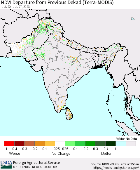 Southern Asia NDVI Departure from Previous Dekad (Terra-MODIS) Thematic Map For 7/21/2023 - 7/31/2023