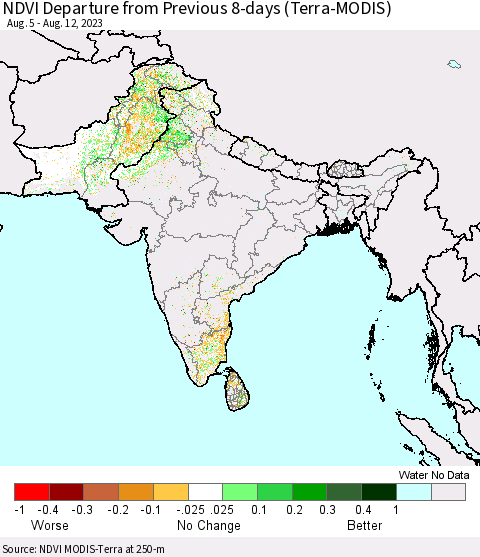 Southern Asia NDVI Departure from Previous 8-days (Terra-MODIS) Thematic Map For 8/5/2023 - 8/12/2023