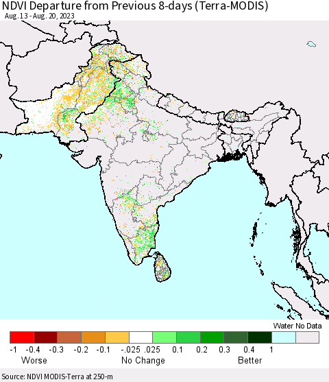Southern Asia NDVI Departure from Previous Dekad (Terra-MODIS) Thematic Map For 8/11/2023 - 8/20/2023