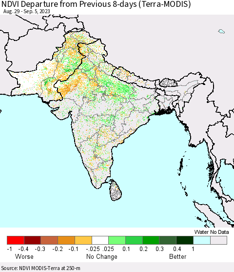 Southern Asia NDVI Departure from Previous 8-days (Terra-MODIS) Thematic Map For 8/29/2023 - 9/5/2023