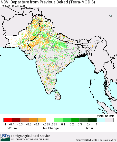 Southern Asia NDVI Departure from Previous Dekad (Terra-MODIS) Thematic Map For 9/1/2023 - 9/10/2023