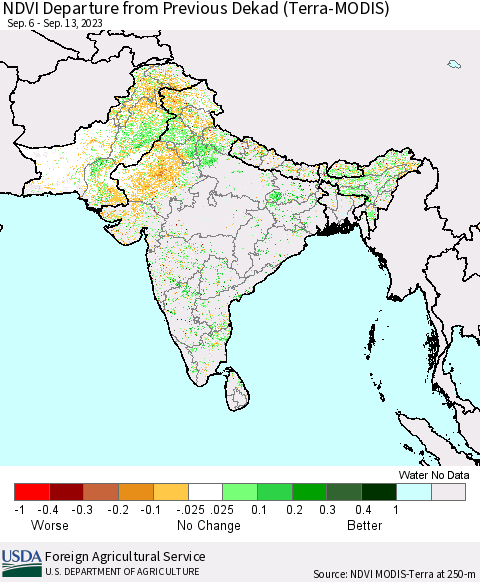 Southern Asia NDVI Departure from Previous Dekad (Terra-MODIS) Thematic Map For 9/11/2023 - 9/20/2023