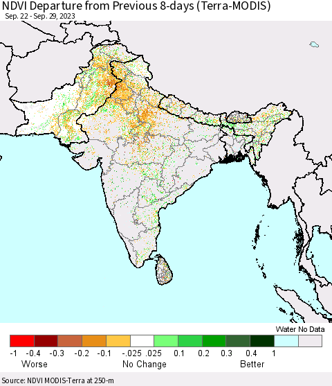 Southern Asia NDVI Departure from Previous 8-days (Terra-MODIS) Thematic Map For 9/22/2023 - 9/29/2023