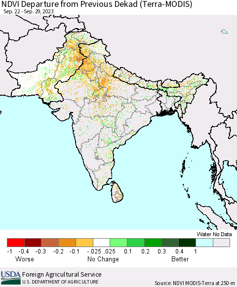 Southern Asia NDVI Departure from Previous Dekad (Terra-MODIS) Thematic Map For 9/21/2023 - 9/30/2023