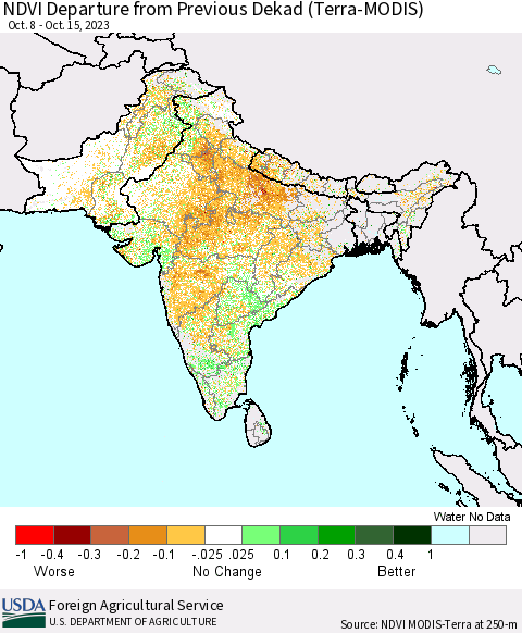 Southern Asia NDVI Departure from Previous Dekad (Terra-MODIS) Thematic Map For 10/11/2023 - 10/20/2023