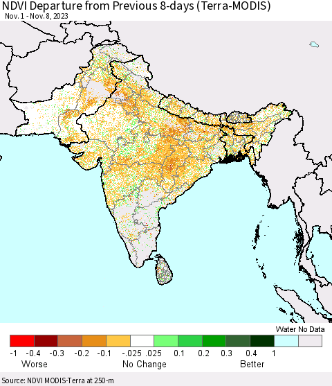 Southern Asia NDVI Departure from Previous 8-days (Terra-MODIS) Thematic Map For 11/1/2023 - 11/8/2023