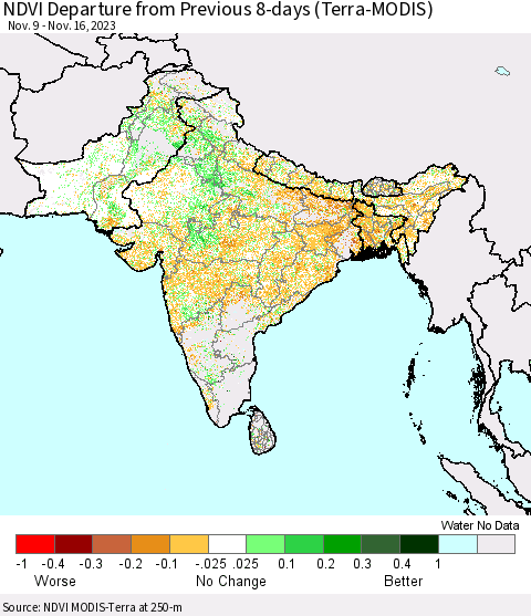 Southern Asia NDVI Departure from Previous 8-days (Terra-MODIS) Thematic Map For 11/9/2023 - 11/16/2023