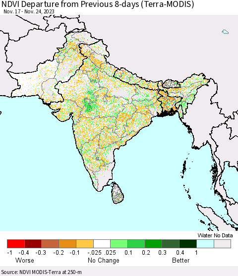 Southern Asia NDVI Departure from Previous 8-days (Terra-MODIS) Thematic Map For 11/17/2023 - 11/24/2023