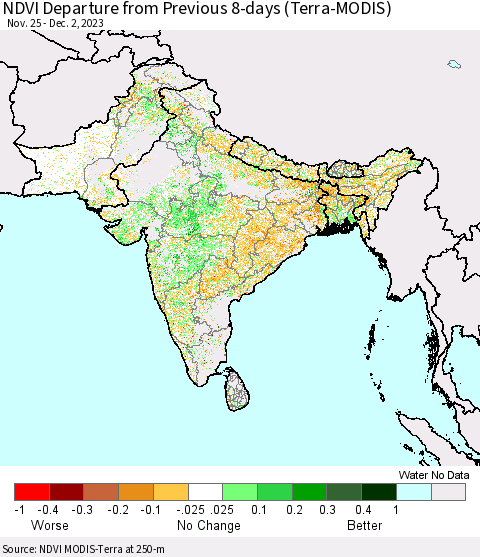 Southern Asia NDVI Departure from Previous 8-days (Terra-MODIS) Thematic Map For 11/25/2023 - 12/2/2023