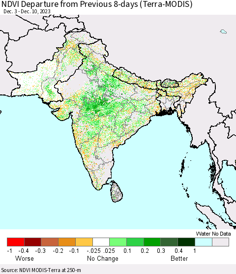 Southern Asia NDVI Departure from Previous 8-days (Terra-MODIS) Thematic Map For 12/3/2023 - 12/10/2023