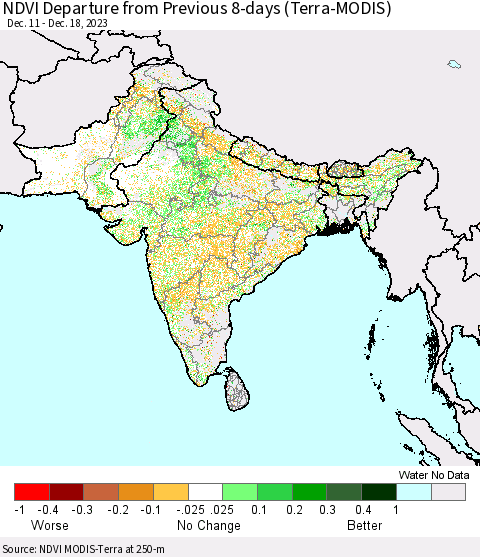 Southern Asia NDVI Departure from Previous 8-days (Terra-MODIS) Thematic Map For 12/11/2023 - 12/18/2023