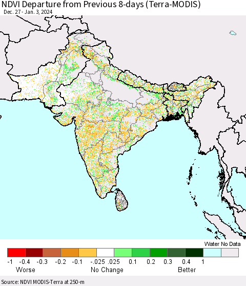 Southern Asia NDVI Departure from Previous 8-days (Terra-MODIS) Thematic Map For 12/27/2023 - 1/3/2024