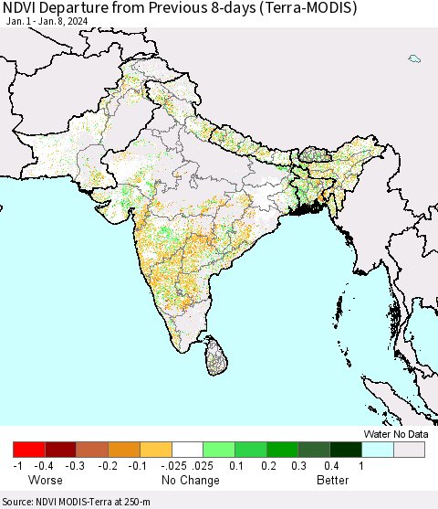Southern Asia NDVI Departure from Previous 8-days (Terra-MODIS) Thematic Map For 1/1/2024 - 1/8/2024