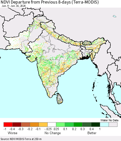 Southern Asia NDVI Departure from Previous 8-days (Terra-MODIS) Thematic Map For 1/9/2024 - 1/16/2024