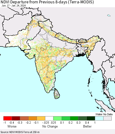 Southern Asia NDVI Departure from Previous 8-days (Terra-MODIS) Thematic Map For 1/17/2024 - 1/24/2024