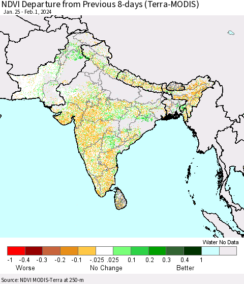 Southern Asia NDVI Departure from Previous 8-days (Terra-MODIS) Thematic Map For 1/25/2024 - 2/1/2024