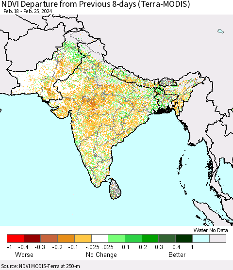 Southern Asia NDVI Departure from Previous 8-days (Terra-MODIS) Thematic Map For 2/18/2024 - 2/25/2024