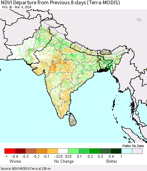 Southern Asia NDVI Departure from Previous 8-days (Terra-MODIS) Thematic Map For 2/26/2024 - 3/4/2024