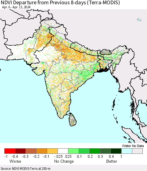 Southern Asia NDVI Departure from Previous 8-days (Terra-MODIS) Thematic Map For 4/6/2024 - 4/13/2024