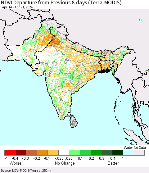 Southern Asia NDVI Departure from Previous 8-days (Terra-MODIS) Thematic Map For 4/14/2024 - 4/21/2024