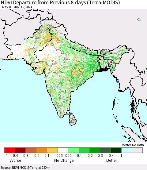 Southern Asia NDVI Departure from Previous 8-days (Terra-MODIS) Thematic Map For 5/8/2024 - 5/15/2024