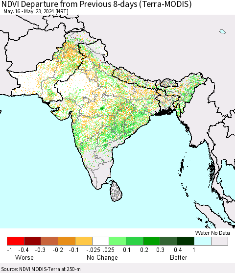 Southern Asia NDVI Departure from Previous 8-days (Terra-MODIS) Thematic Map For 5/16/2024 - 5/23/2024