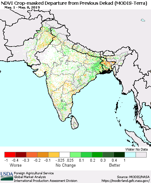 Southern Asia Cropland NDVI Departure from Previous Dekad (Terra-MODIS) Thematic Map For 5/1/2019 - 5/10/2019