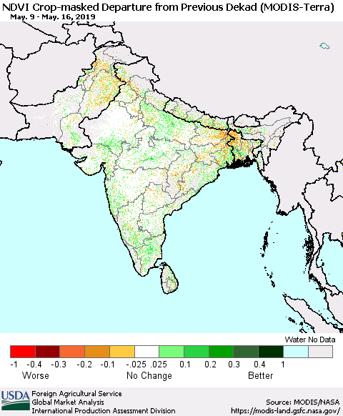 Southern Asia Cropland NDVI Departure from Previous Dekad (Terra-MODIS) Thematic Map For 5/11/2019 - 5/20/2019