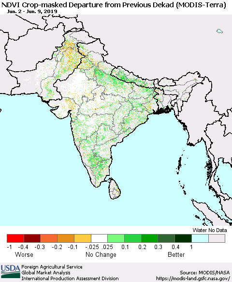 Southern Asia Cropland NDVI Departure from Previous Dekad (Terra-MODIS) Thematic Map For 6/1/2019 - 6/10/2019