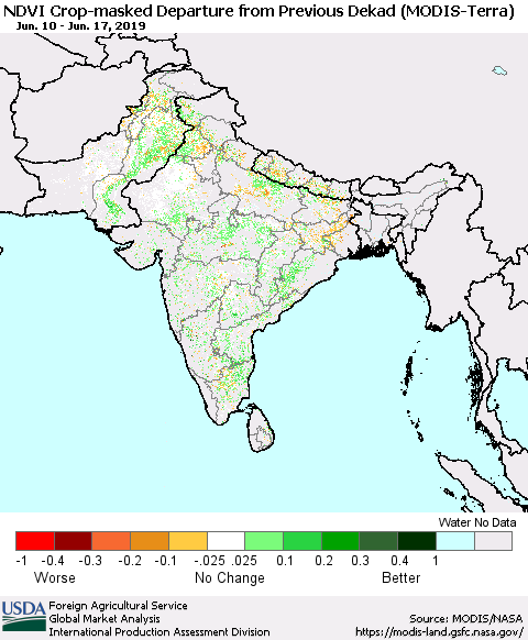Southern Asia Cropland NDVI Departure from Previous Dekad (Terra-MODIS) Thematic Map For 6/11/2019 - 6/20/2019