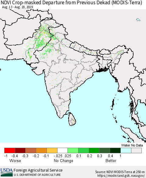 Southern Asia Cropland NDVI Departure from Previous Dekad (Terra-MODIS) Thematic Map For 8/11/2019 - 8/20/2019