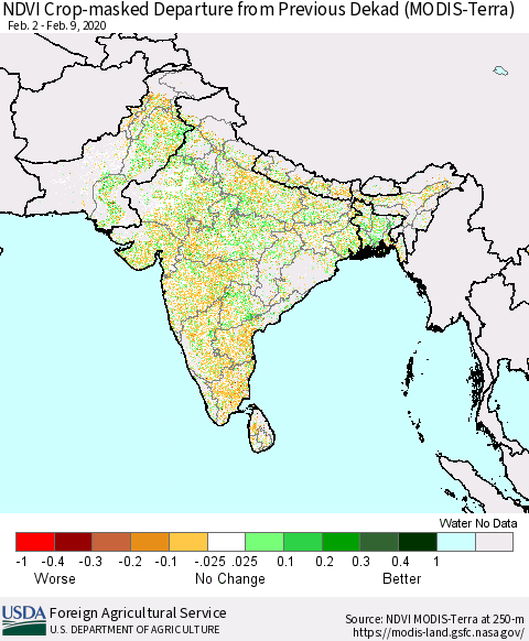 Southern Asia NDVI Crop-masked Departure from Previous Dekad (MODIS-Terra) Thematic Map For 2/1/2020 - 2/10/2020