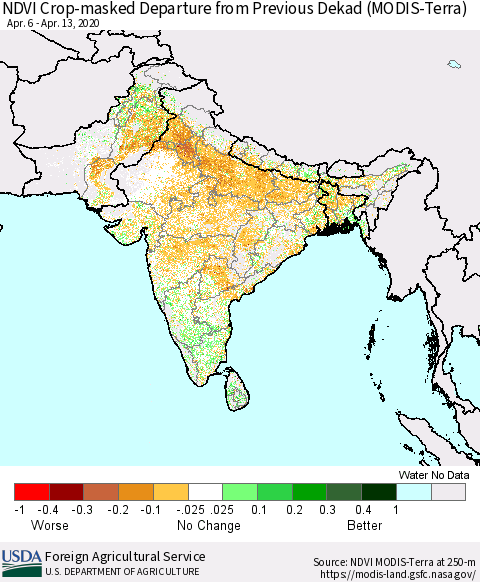 Southern Asia NDVI Crop-masked Departure from Previous Dekad (MODIS-Terra) Thematic Map For 4/11/2020 - 4/20/2020