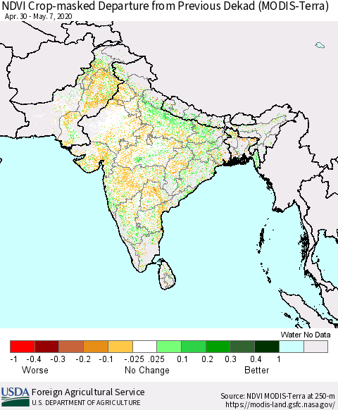 Southern Asia Cropland NDVI Departure from Previous Dekad (Terra-MODIS) Thematic Map For 5/1/2020 - 5/10/2020