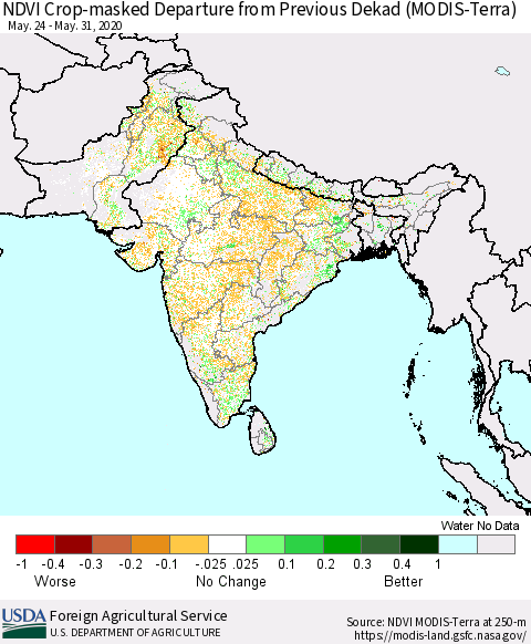 Southern Asia Cropland NDVI Departure from Previous Dekad (Terra-MODIS) Thematic Map For 5/21/2020 - 5/31/2020