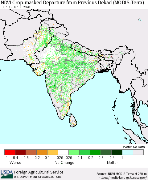 Southern Asia Cropland NDVI Departure from Previous Dekad (Terra-MODIS) Thematic Map For 6/1/2020 - 6/10/2020