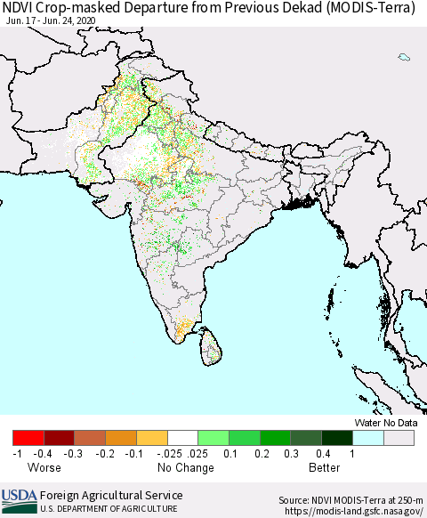 Southern Asia Cropland NDVI Departure from Previous Dekad (Terra-MODIS) Thematic Map For 6/21/2020 - 6/30/2020